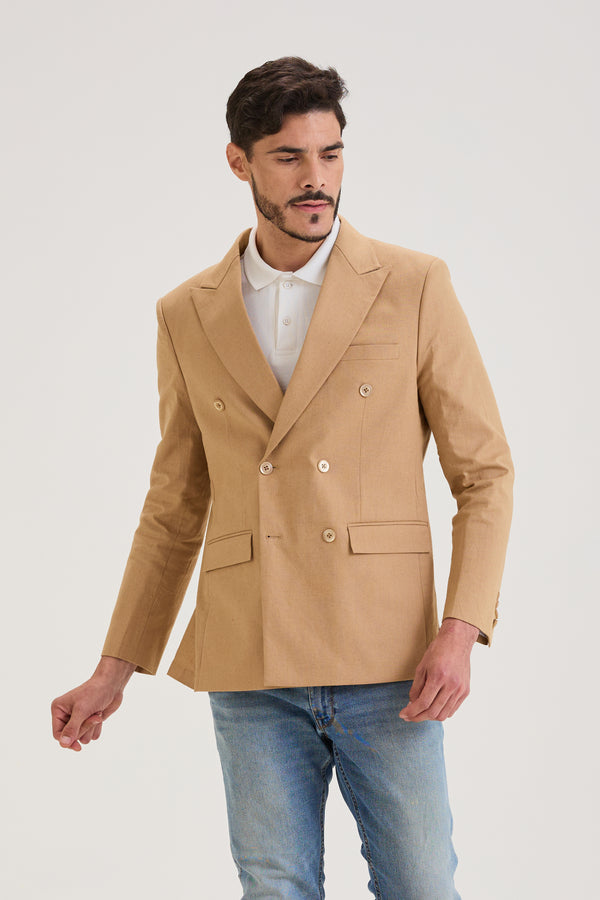 Tan Brown Double Breasted Suit Set Linen