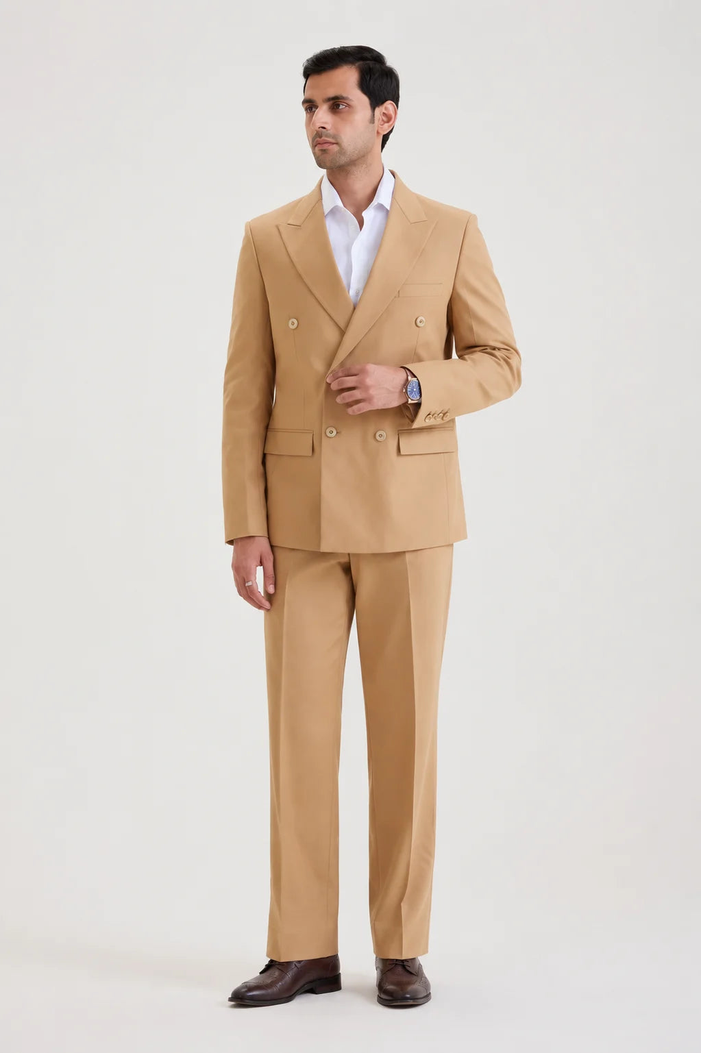 Tan Brown Double Breasted Suit Set Linen
