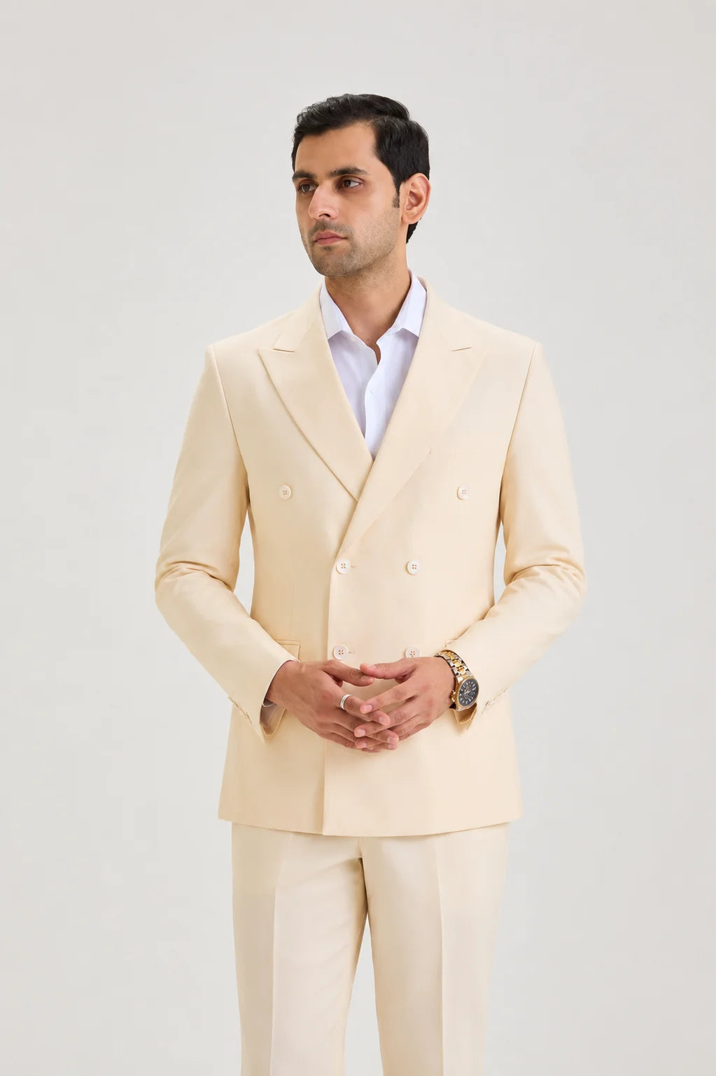 Off White Double Breasted Suit Set Linen