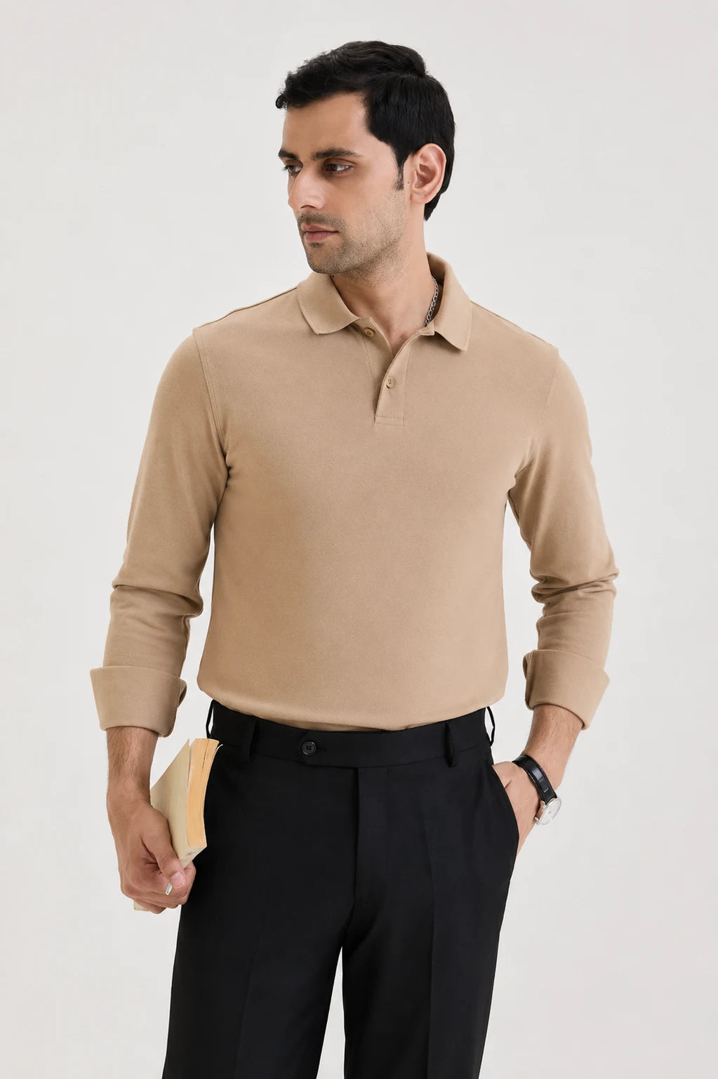 Tan Brown Long Sleeve Polo T-shirt